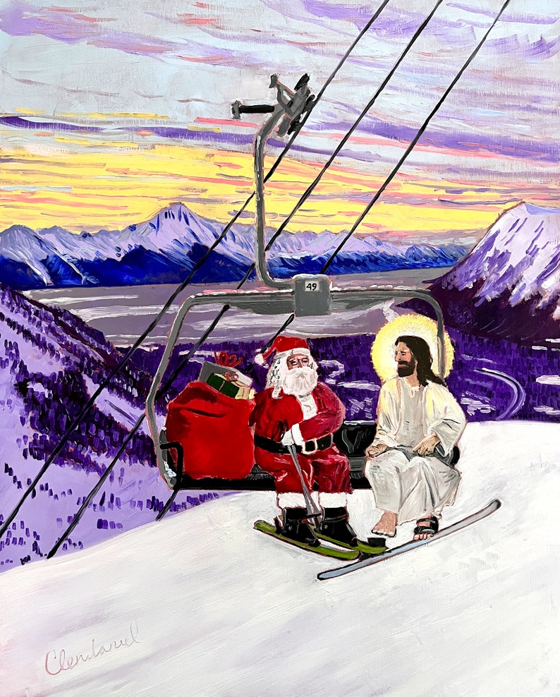 Santa and Jesus Riding a Chairlift Oil Painting by Alaskan Artist Scott Clendaniel image 3