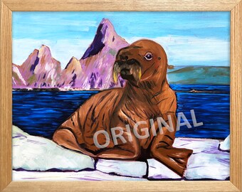 Walrus Calf Oil Painting, Alaskan Artist, Nursery Wall Decor, Alaska Animals, Arctic Art for Kid's Room, Marine Mammal, Northern Animals Art