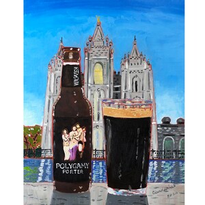 Polygamy Porter, Wasatch Brewery, Beer Painting, Utah Painting, Utah Craft Beer Gift, Salt Lake Temple, Mormon Temple Square, Beer Artist