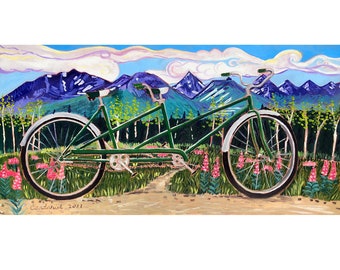 Schwinn Tandem Bicycle in Alaska, Wedding Gift, Chugach Mountains, Fireweed, Scott Clendaniel, Wedding Anniversary Present, Tandem Bike Art