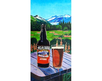 ALASKAN AMBER Beer Painting, Anniversary Gift, Mendenhall Glacier, Juneau, Alaska Painting, Wedding Gift, Beer Gift for Husband, Juneau Art