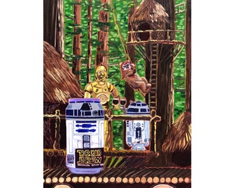 Star Wars Funny Beer Parody Painting, R2D2 and C3PO Droids Art for Men, Ewok Forest Art, Rebel Gift for Him, Anniversary Gift for Husband