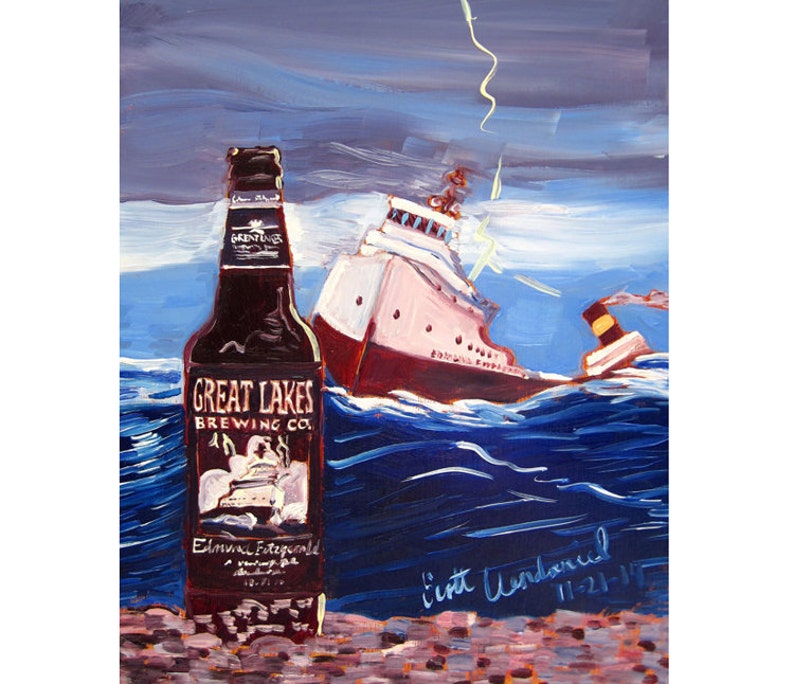 Edmund Fitzgerald Porter Beer Art, Great Lakes Brewing, Ohio Beer Gift for Husband, Nautical Ship Decor, Man Cave Beer Poster, Bar Wall Art image 1