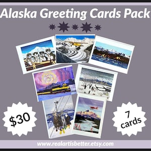 Lot de 7 cartes de vœux de l'Alaska, 7 x 5 po. pliées, vierges à l'intérieur et enveloppe