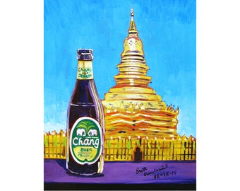 Thailand Wat Art, Chang Beer, Thai Temple Painting, Gift for Husband, Groomsmen Gifts, Kitchen Art, Asian Food Decor, Dining Room Painting