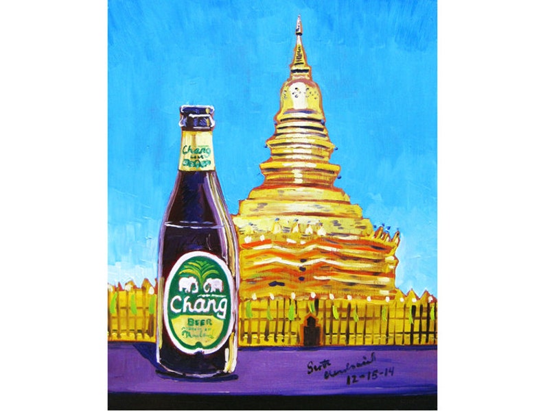 Thailand Wat Art, Chang Beer, Thai Temple Painting, Gift for Husband, Groomsmen Gifts, Kitchen Art, Asian Food Decor, Dining Room Painting image 1