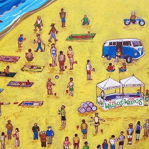 May include: A colorful painting of a beach scene with people, a van, and a food stand. The food stand has a sign that says "The Waldos Waldos".