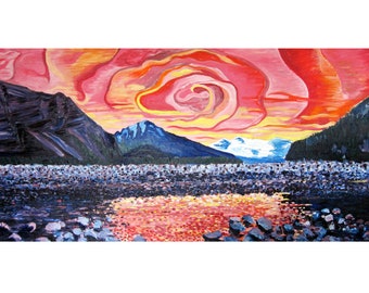 May include: A painting of a mountain landscape with a swirling pink and orange sky. The mountains are dark blue and green, and the water in the foreground is a dark blue with a reflection of the sky.