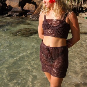 Soleil Crochet Mini Skirt Coverup Skirt Brown Cotton Handmade One of a Kind