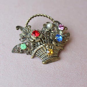 Vintage Basket O&#39; Flowers Brooch with Colourful Rhinestones
