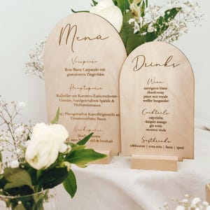 Tarjeta de menú de madera personalizada, carta de bebidas, soporte de mesa con grabado, moderna y minimalista para bodas o eventos.