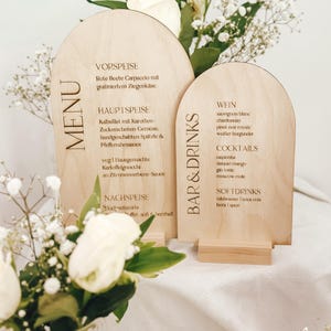 Tarjeta de menú de madera personalizada, carta de bebidas, soporte de mesa con grabado, moderna y minimalista para bodas o eventos.