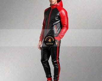 Men's Lambskin Leather Track Suit: Red & Black Jogging Set