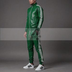 Survêtement en cuir d'agneau véritable vert à rayures blanches pour homme