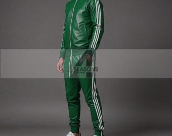 Men&#39;s Genuine Real Lambskin Green With White Stripes Leather Track Suit Sweat suit Jogging Tracksuit