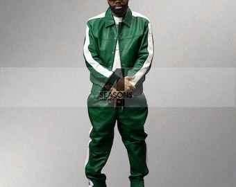Men&#39;s Brayden 100% Genuine Real Soft Leather TrackSuit Sweatsuit [Green/White]