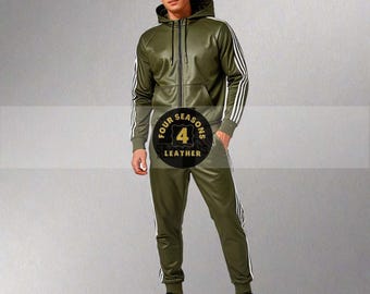 Olive Lambskin Leather Track Suit: White Stripe Detail, Men's Jogging Set