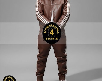 Men's 100% Genuine Real Soft Leather TrackSuit Sweatsuit [Brown/White Three Stripes]