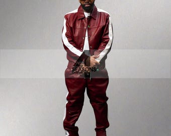 Men&#39;s Brayden 100% Genuine Real Soft Leather TrackSuit Sweatsuit [Burgundy/White]