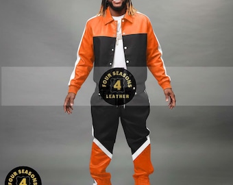 Men's 100% Genuine Real Soft Leather TrackSuit Sweatsuit [Orange/Black] Contrast Style