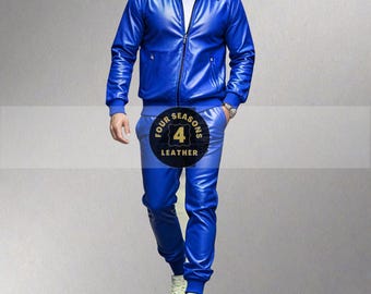 Men's Lambskin Leather Track Suit: Blue Jogging Sweat Suit