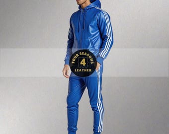 Men's Lambskin Leather Tracksuit: Blue Jogging Sweat Suit