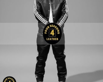 Men's 100% Genuine Real Soft Leather TrackSuit Sweatsuit [Black/White Three Stripes]