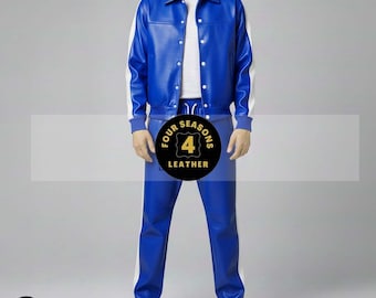 Men's 100% Genuine Real Soft Leather TrackSuit Sweatsuit [Royal Blue/White]