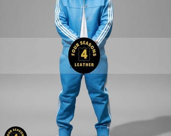 Chándal de piel auténtica 100 % suave para hombre [Azul cielo/Tres rayas blancas]