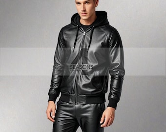 Men&#39;s Genuine Real Lambskin Black Leather Track Suit Sweat suit Jogging Tracksuit