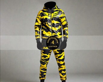 Men's 100% Genuine Real Soft Leather TrackSuit Sweatsuit [Black/Yellow] Camo Pattern Track suit