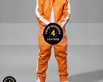 Men's 100% Genuine Real Soft Leather TrackSuit Sweatsuit [Orange/White]
