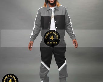 Chándal de piel auténtica 100 % suave para hombre [gris/negro] con estilo en contraste