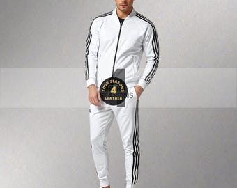 Men's Lambskin Leather Track Suit: White with Black Stripes