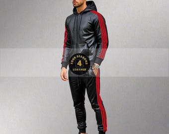 Men's Lambskin Leather Track Suit: Black with Red Stripes