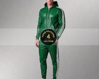 Men's Green Lambskin Leather Tracksuit: White Stripe Jogging Suit