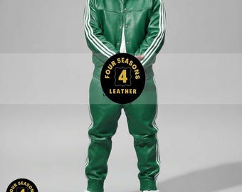 Men's 100% Genuine Real Soft Leather TrackSuit Sweatsuit [Green/White Three Stripes]