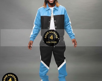 Chándal de piel auténtica 100 % suave para hombre [Azul cielo/Negro] Estilo en contraste