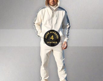Men's Lambskin Leather Track Suit: White with Black Stripes