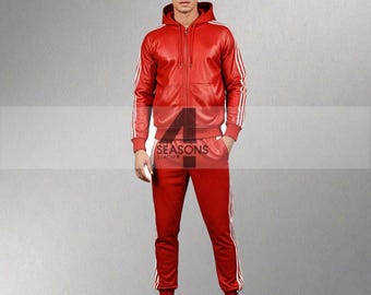 Men&#39;s Genuine Real Lambskin Red With White Stripes Leather Track Suit Sweat suit Jogging Tracksuit