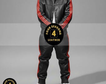Men's 100% Genuine Real Soft Leather TrackSuit Sweatsuit [Black/Red Three Stripes]