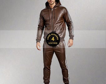 Lambskin Leather Track Suit: Brown with White Stripes, Men's Jogging Set