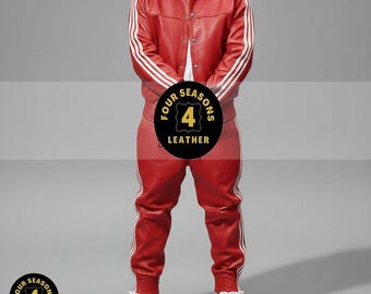 Tuta da uomo in vera pelle morbida al 100% [tre strisce rosse/bianche]