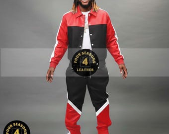 Men's 100% Genuine Real Soft Leather TrackSuit Sweatsuit [Red/Black] Contrast Style