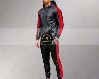 Lambskin Leather Track Suit: Men's Black & Red Stripe Jogging Set