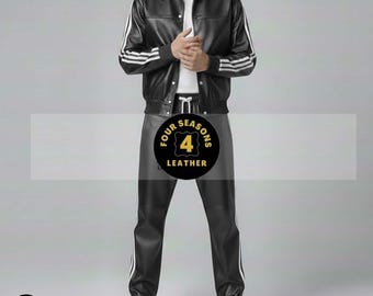 Men's 100% Genuine Real Soft Leather TrackSuit Sweatsuit [Black/White Three Stripes]