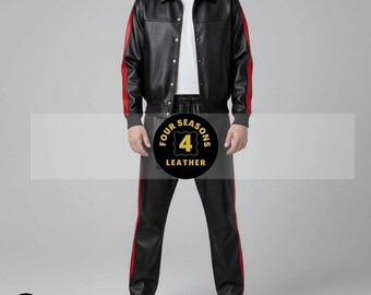 Men's 100% Genuine Real Soft Leather TrackSuit Sweatsuit [Black/Red]