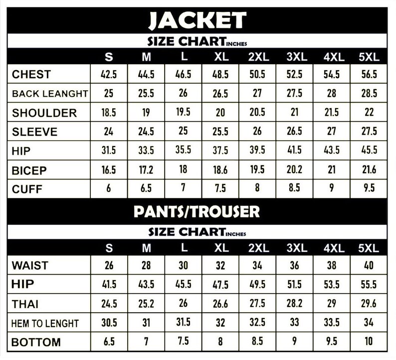 May include: A size chart for jackets and pants, with measurements in inches. The jacket section includes chest, shoulder, and sleeve measurements. The pants section includes waist and hip measurements. Sizes range from S to 5XL.