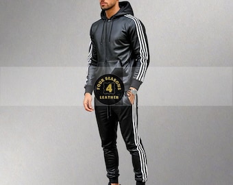 Herren Lammfell Leder Trainingsanzug: Schwarz mit Weißen Streifen