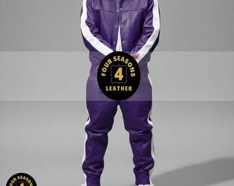 Men's 100% Genuine Real Soft Leather TrackSuit Sweatsuit [Dark Purple/White]